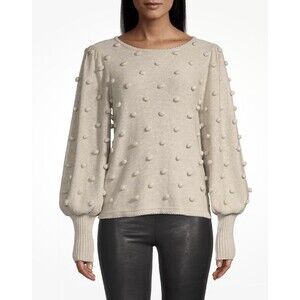 Lilly Pulitzer Kippa Bauble Puff-Sleeve Pom Pom Pull Over Tan Sweater Size M